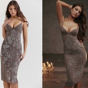 NWT HOUSE OF CB Blanca Smoke Crystal Embellished Midi Dress in Size XS